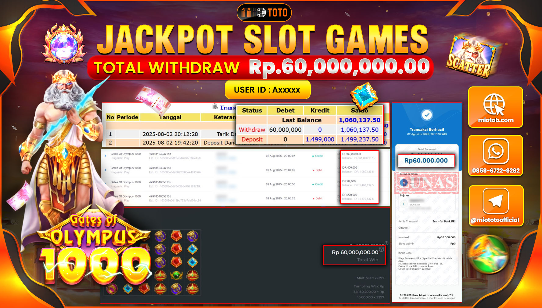 JACKPOT SLOT GATES OF OLYMPUS 1000 Rp.60,000,000 DI BAYAR TUNAI !!!