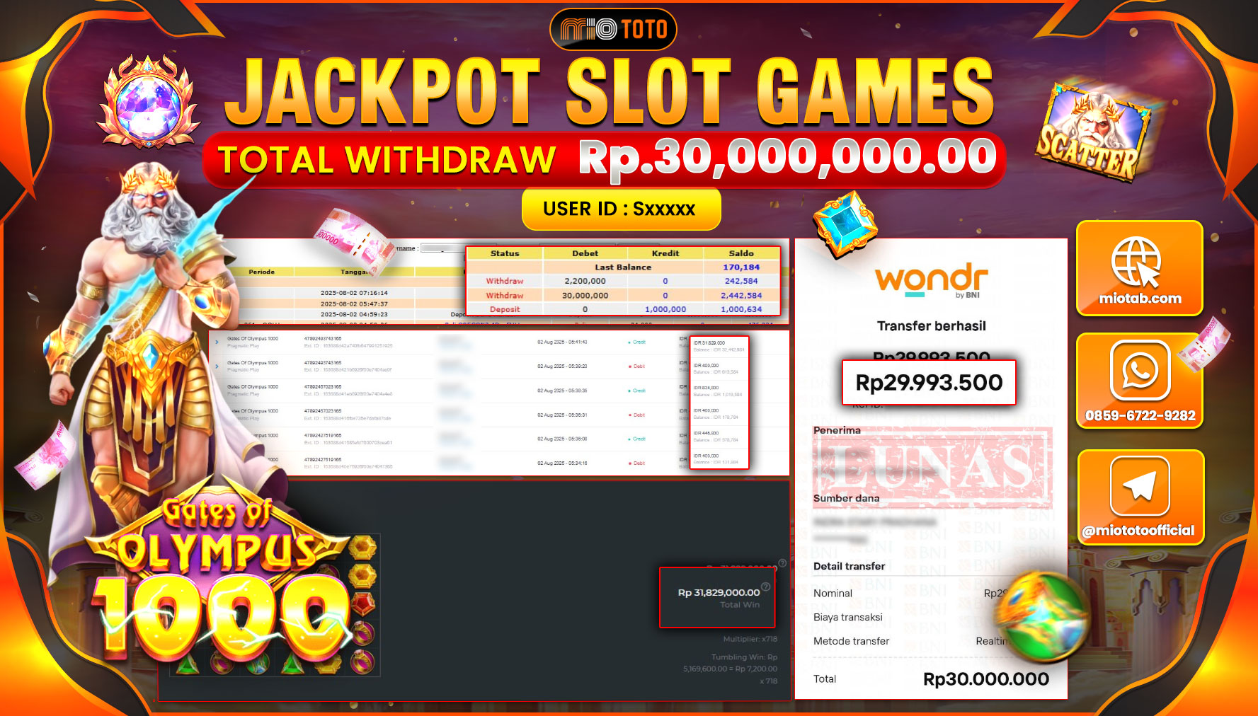 JACKPOT SLOT GATES OF OLYMPUS 1000 Rp.30,000,000 DI BAYAR TUNAI !!!