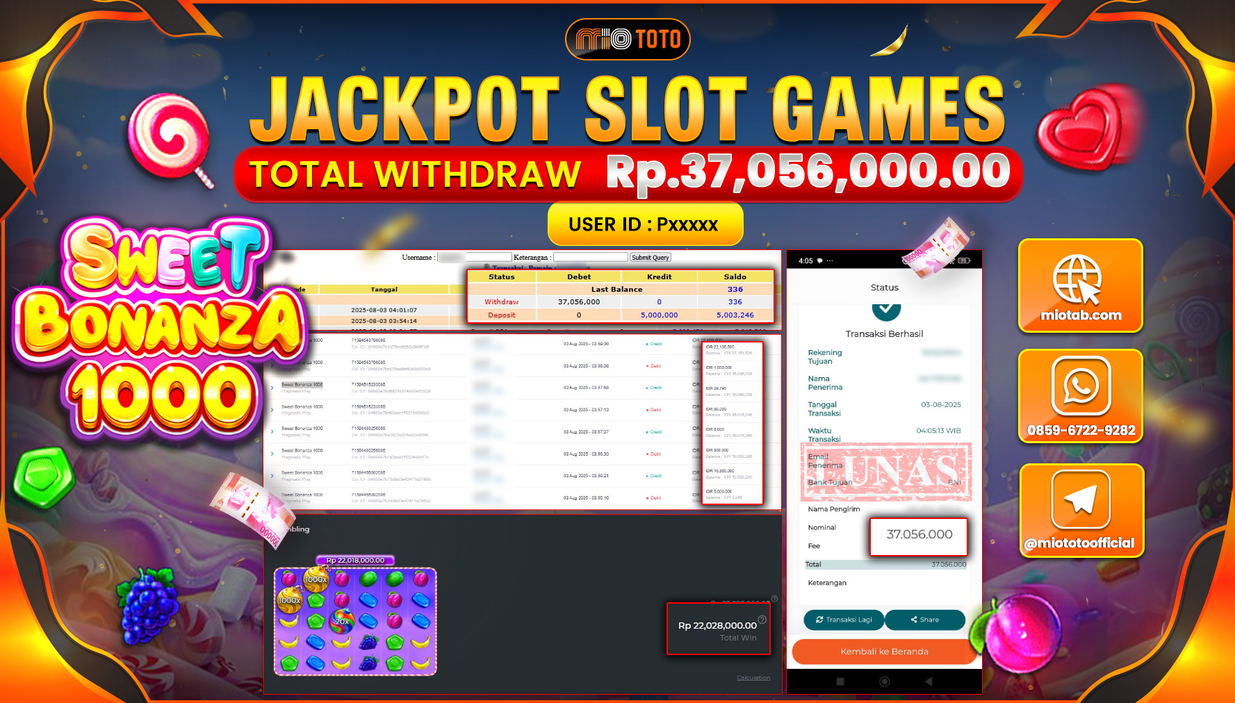 JACKPOT SLOT SWEET BONANZA 1000 Rp.37,056,000 DI BAYAR TUNAI !!!