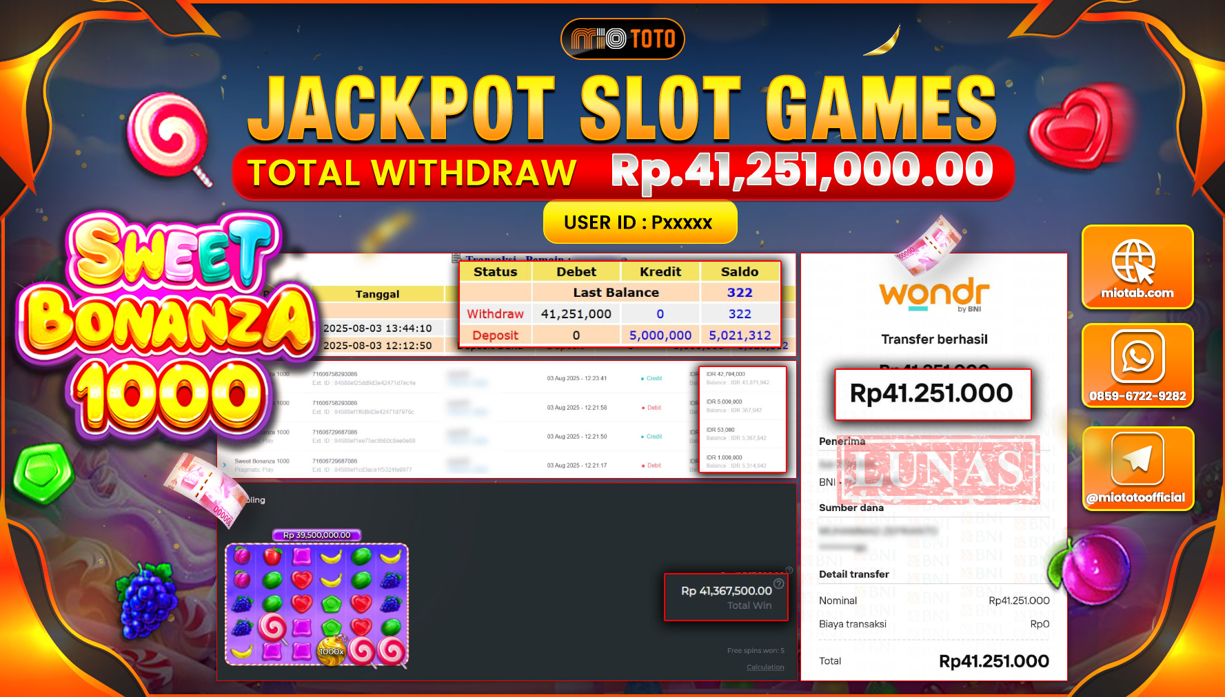 JACKPOT SLOT SWEET BONANZA 1000 Rp.41,251,000 DI BAYAR TUNAI !!!