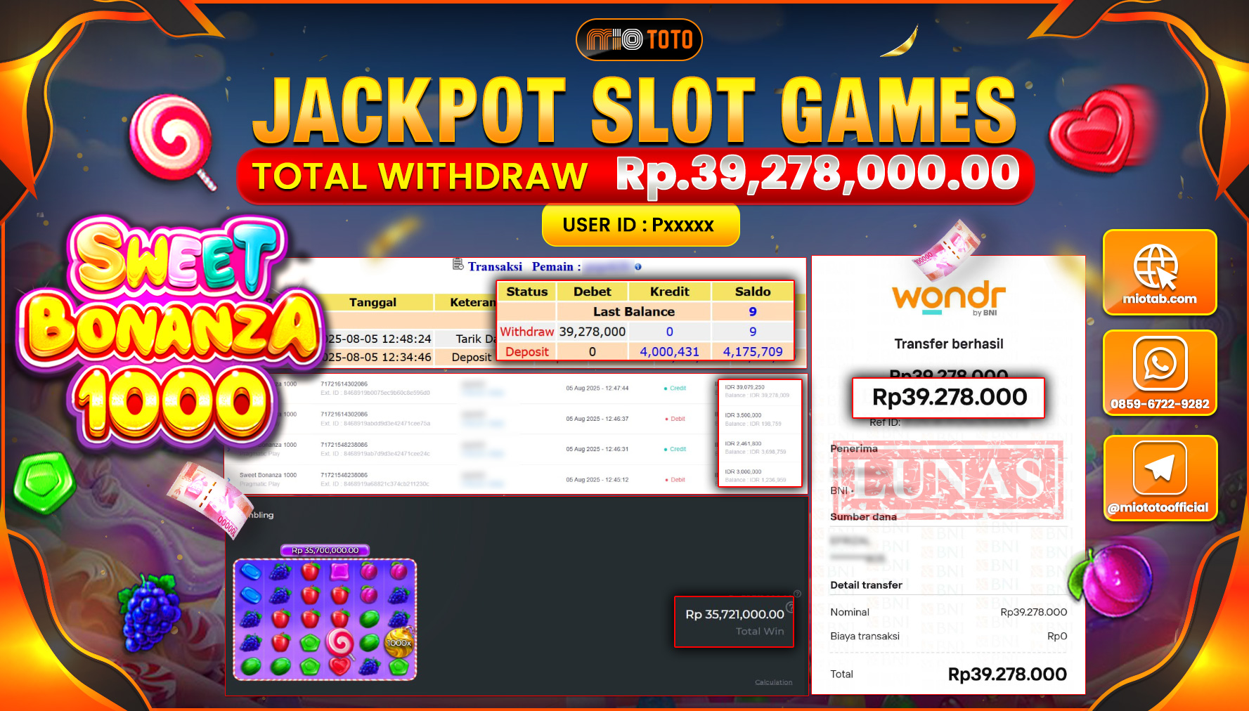 JACKPOT SLOT SWEET BONANZA 1000 Rp.39,278,000 DI BAYAR TUNAI !!!