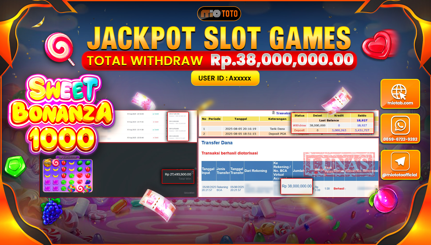 JACKPOT SLOT SWEET BONANZA 1000 Rp.38,000,000 DI BAYAR TUNAI !!!