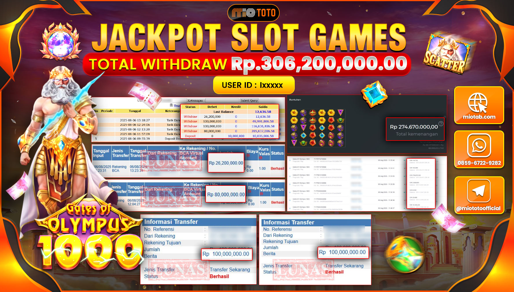 JACKPOT SLOT GATES OF OLYMPUS 1000 Rp.306,200,000 DI BAYAR TUNAI !!!