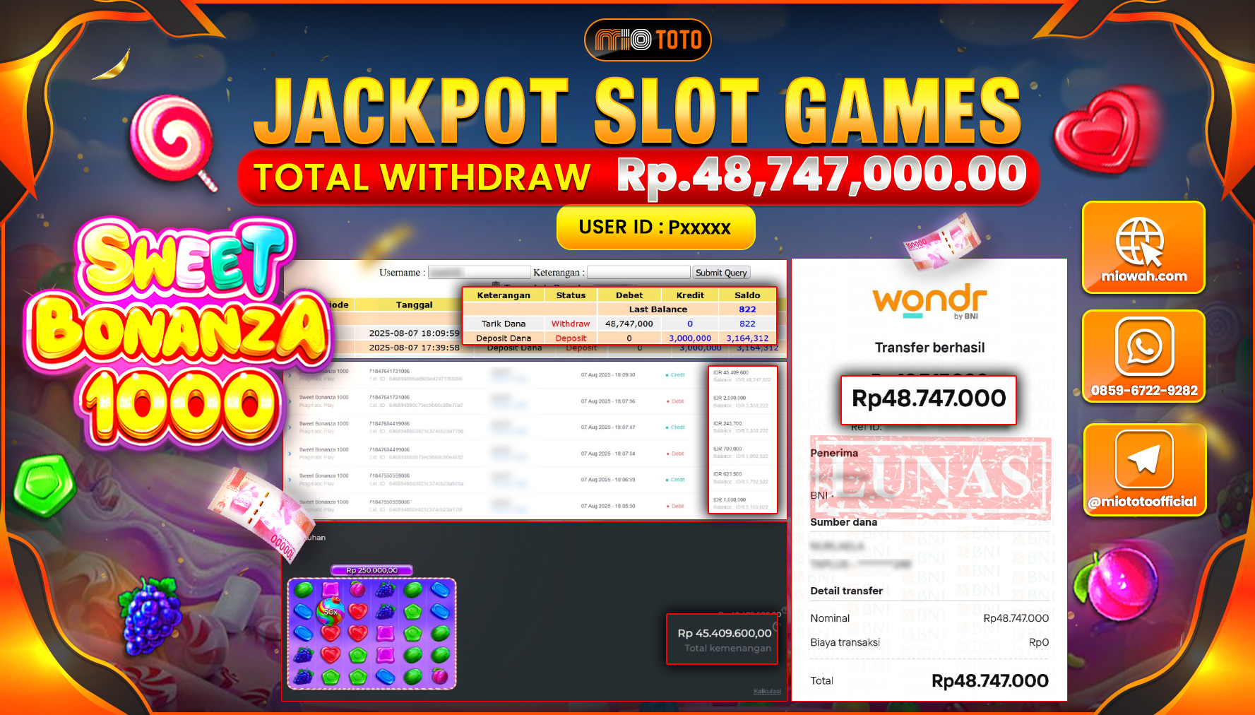 JACKPOT SLOT SWEET BONANZA 1000 Rp.48,747,000 DI BAYAR TUNAI !!!