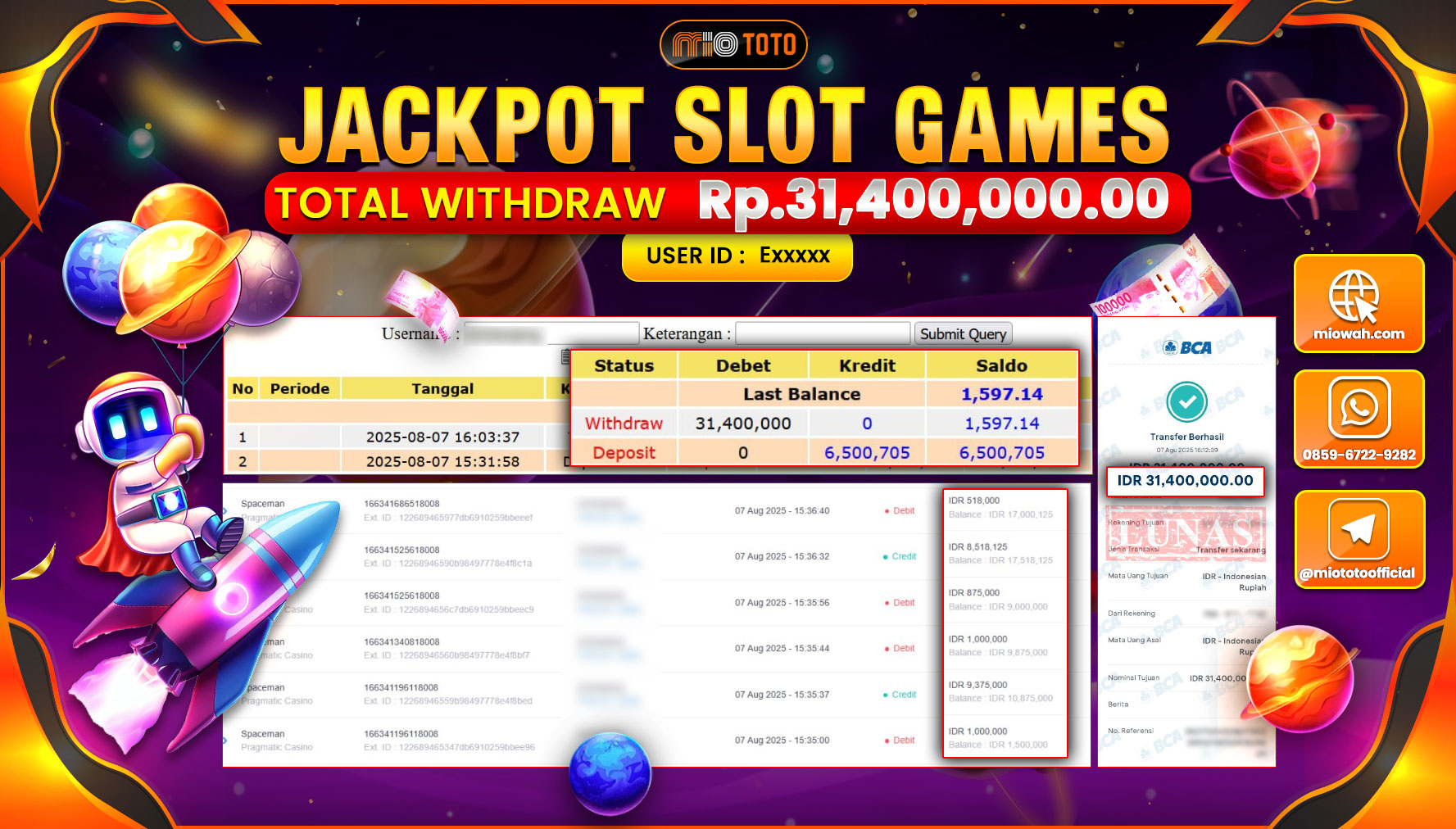 JACKPOT SLOT SPACEMAN  Rp.31,400,000 DI BAYAR TUNAI !!!