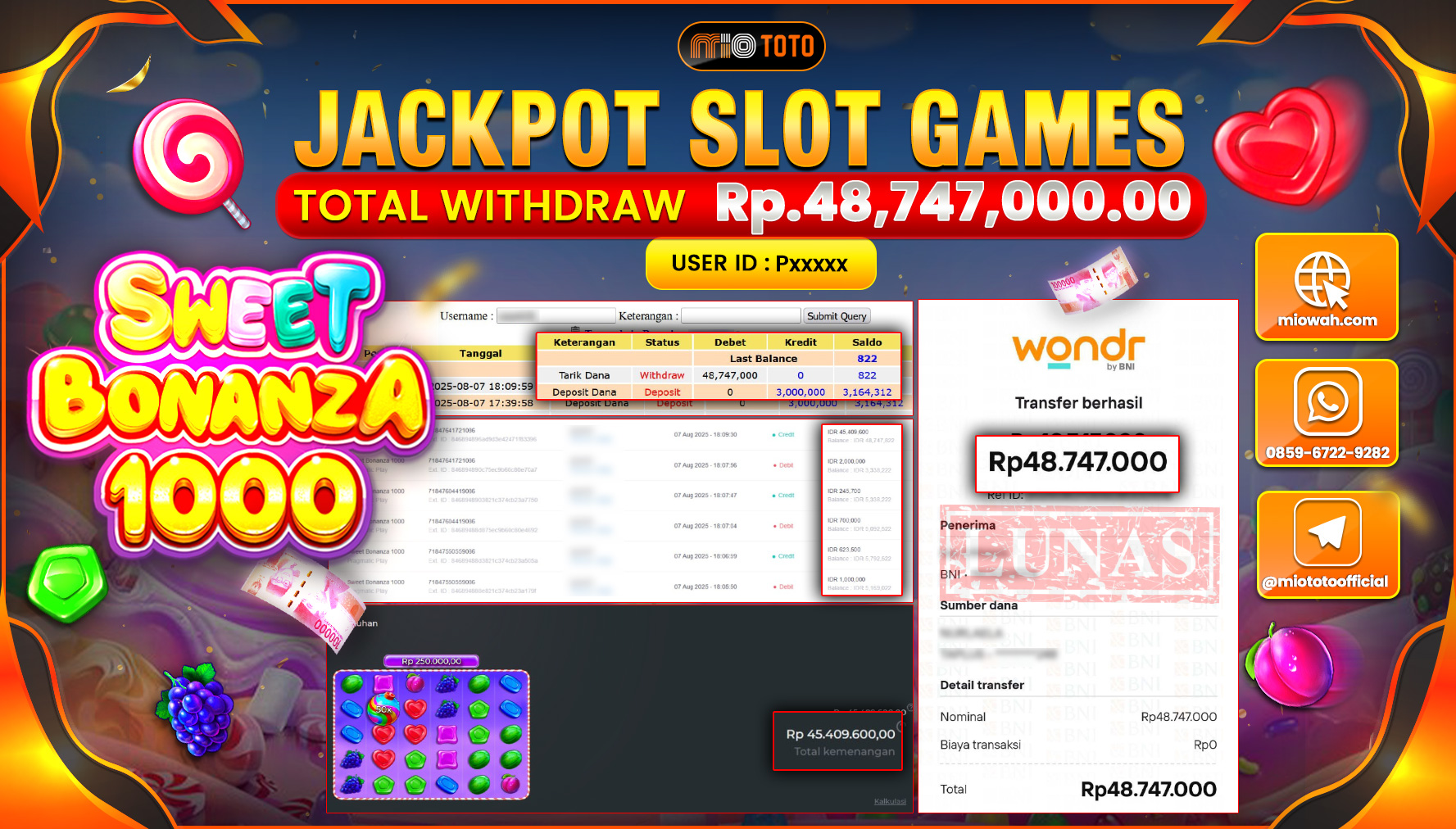 JACKPOT SLOT SWEET BONANZA 1000 Rp.48,747,000 DI BAYAR TUNAI !!!