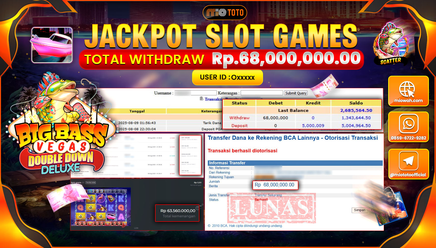 JACKPOT SLOT BIG BASS BASS VEGAS DOUBLE DOWN DELUXE Rp.68,000,000 DI BAYAR TUNAI !!!