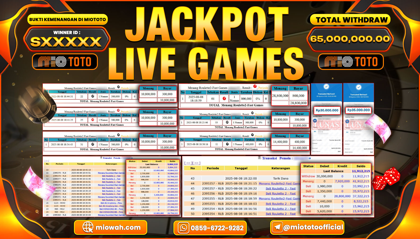 JACKPOT LIVE GAME ROULETTE 2  FAST Rp.65,000,000 DI BAYAR TUNAI !!!