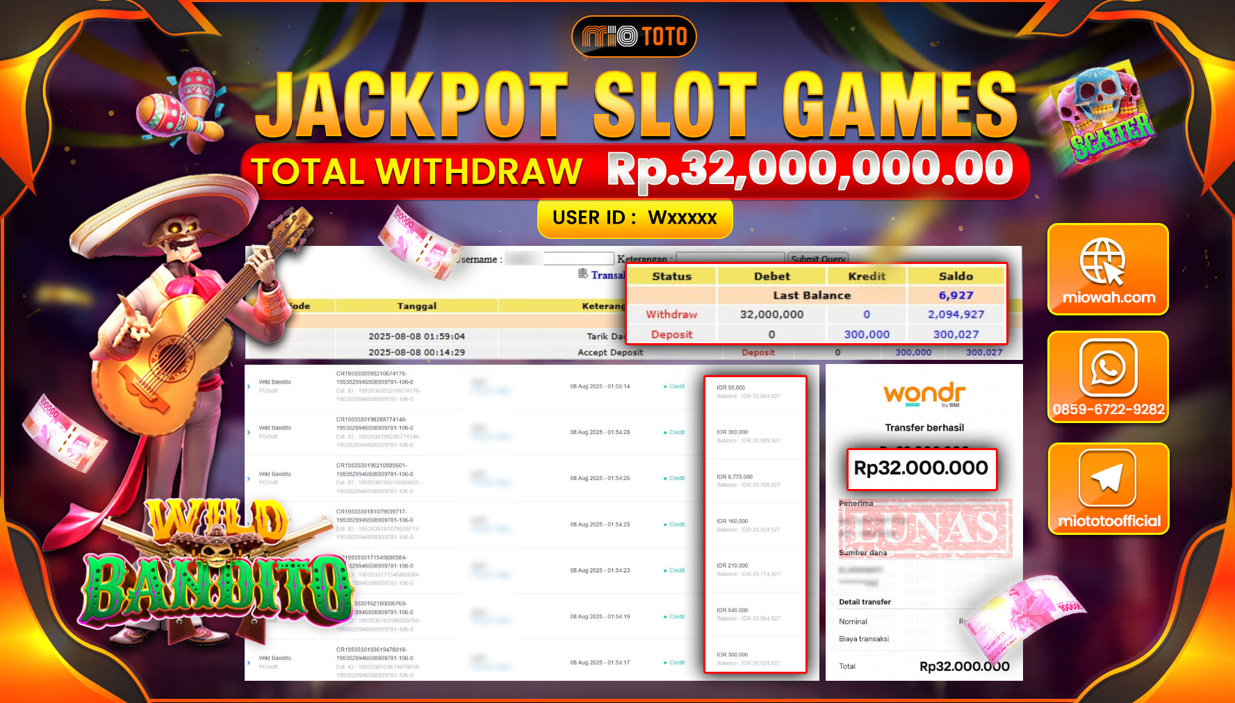 JACKPOT SLOT WILD BANDITO Rp32,000,000 DI BAYAR TUNAI !!!