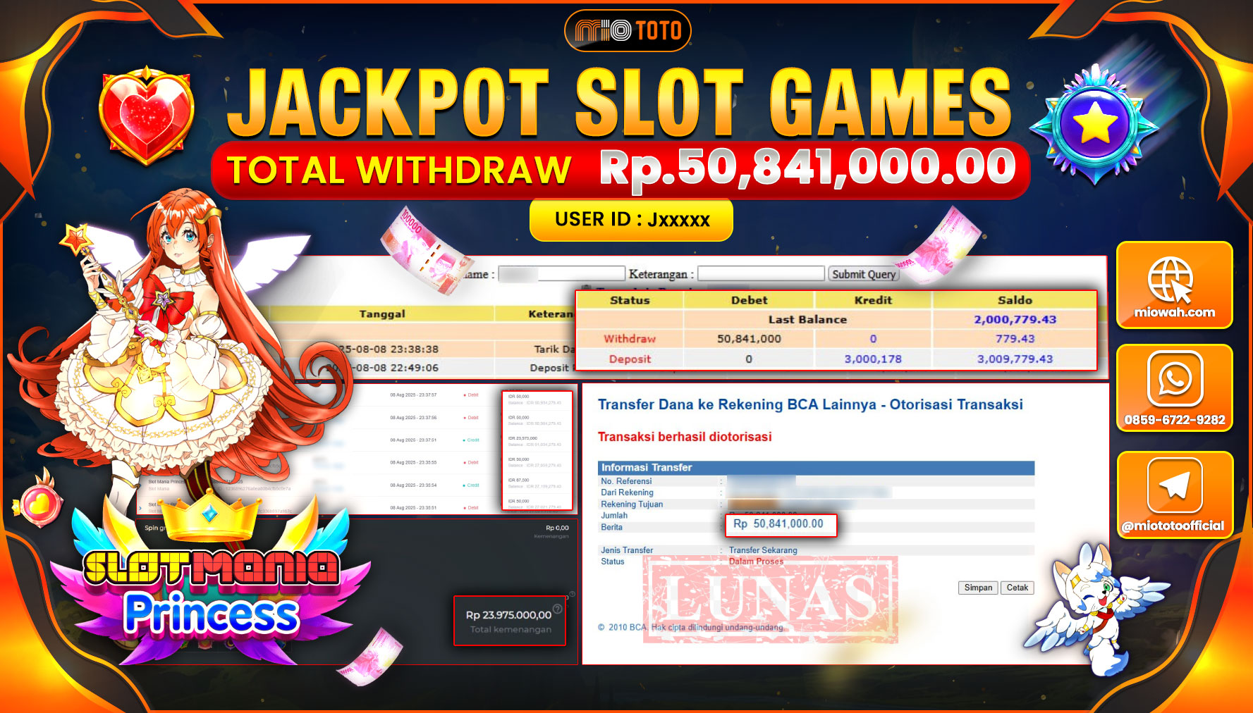JACKPOT SLOT MANIA PRINCESS Rp.50,841,000 DI BAYAR TUNAI !!!