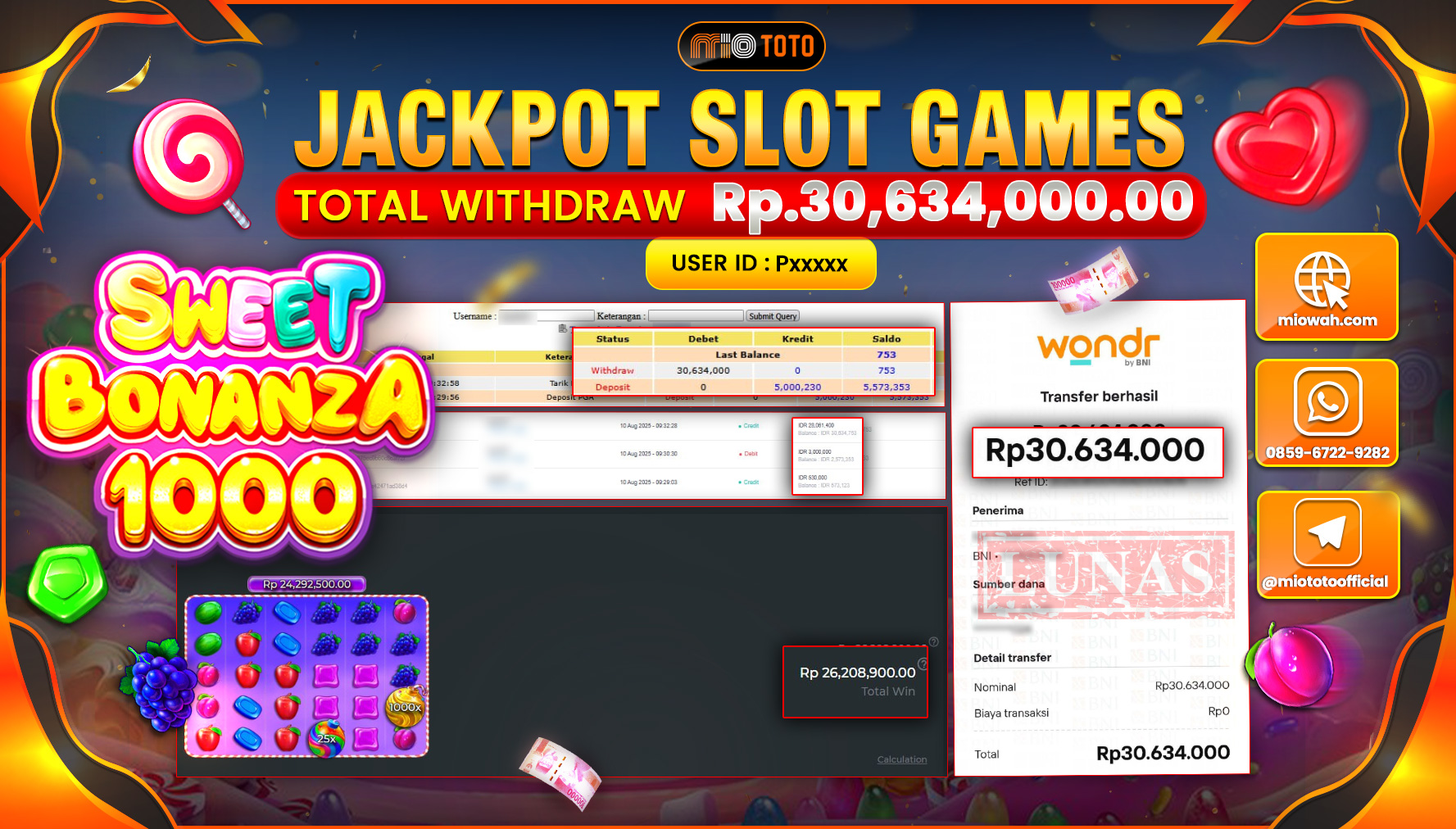 JACKPOT SLOT SWEET BONANZA 1000 Rp.30,634,000 DI BAYAR TUNAI !!!