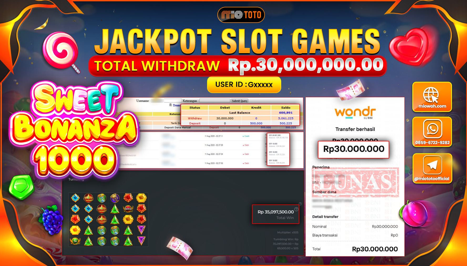 JACKPOT SLOT SWEET BONANZA 1000 Rp.30,000,000 DI BAYAR TUNAI !!!