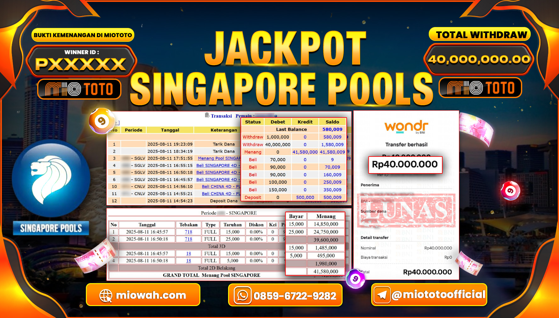 JACKPOT TOGEL SINGAPORE POOLS Rp.40,000,000 DI BAYAR TUNAI !!!