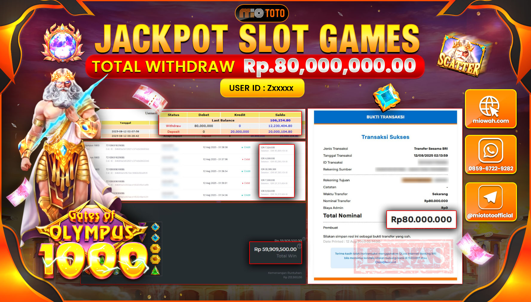 JACKPOT SLOT GATES OF OLYMPUS 1000 Rp.80,000,000 DI BAYAR TUNAI !!!