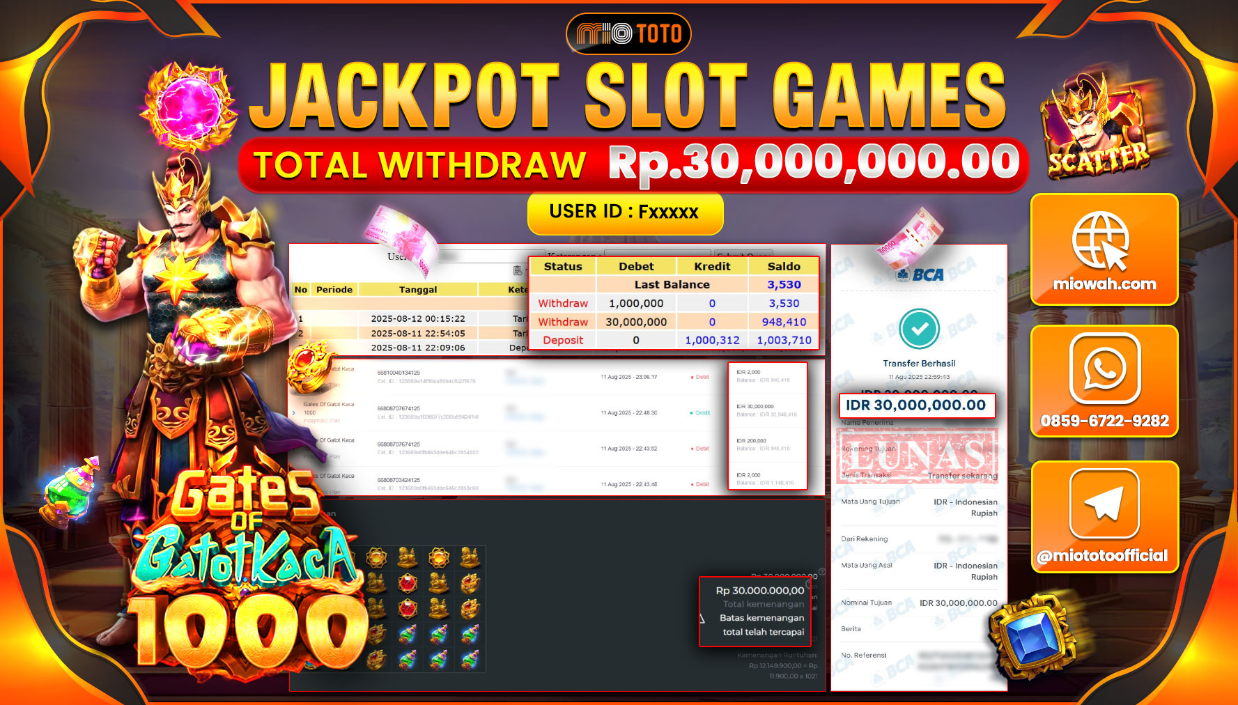 JACKPOT SLOT GATES OF GATOTKACA 1000 Rp.30,000,000 DI BAYAR TUNAI !!!