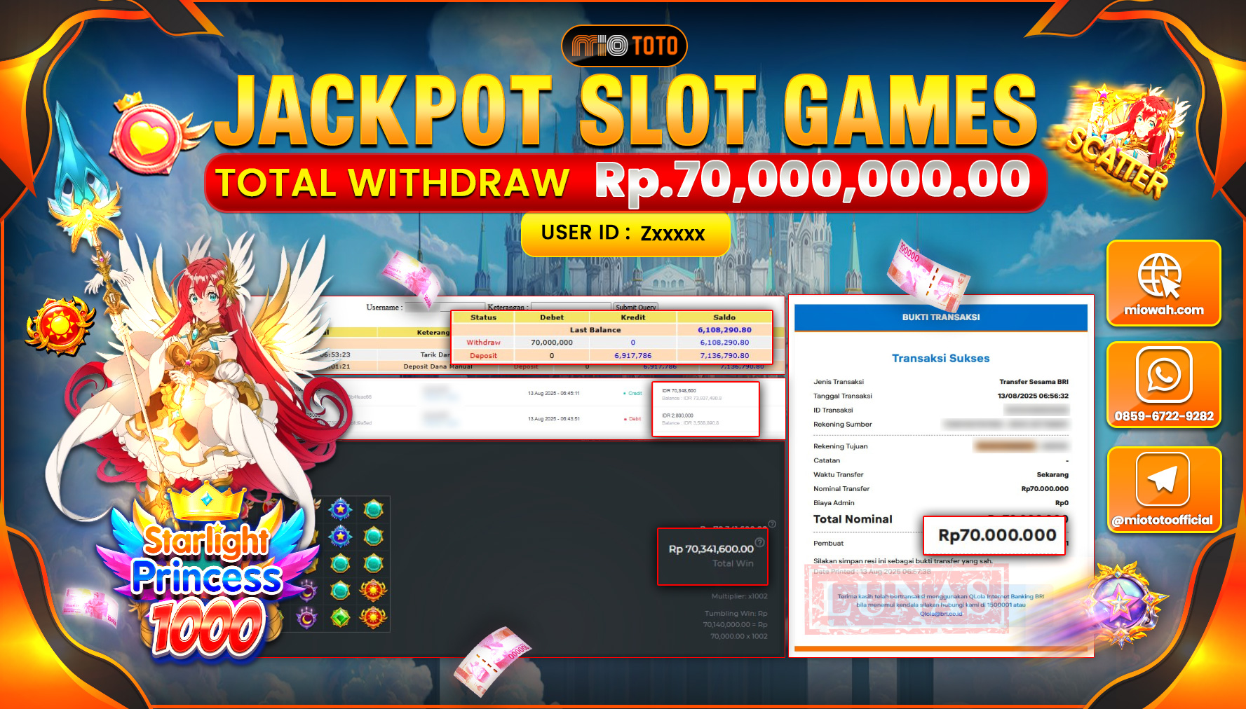 JACKPOT SLOT STARLIGHT PRINCESS 1000 Rp.70,000,000 DI BAYAR TUNAI !!!