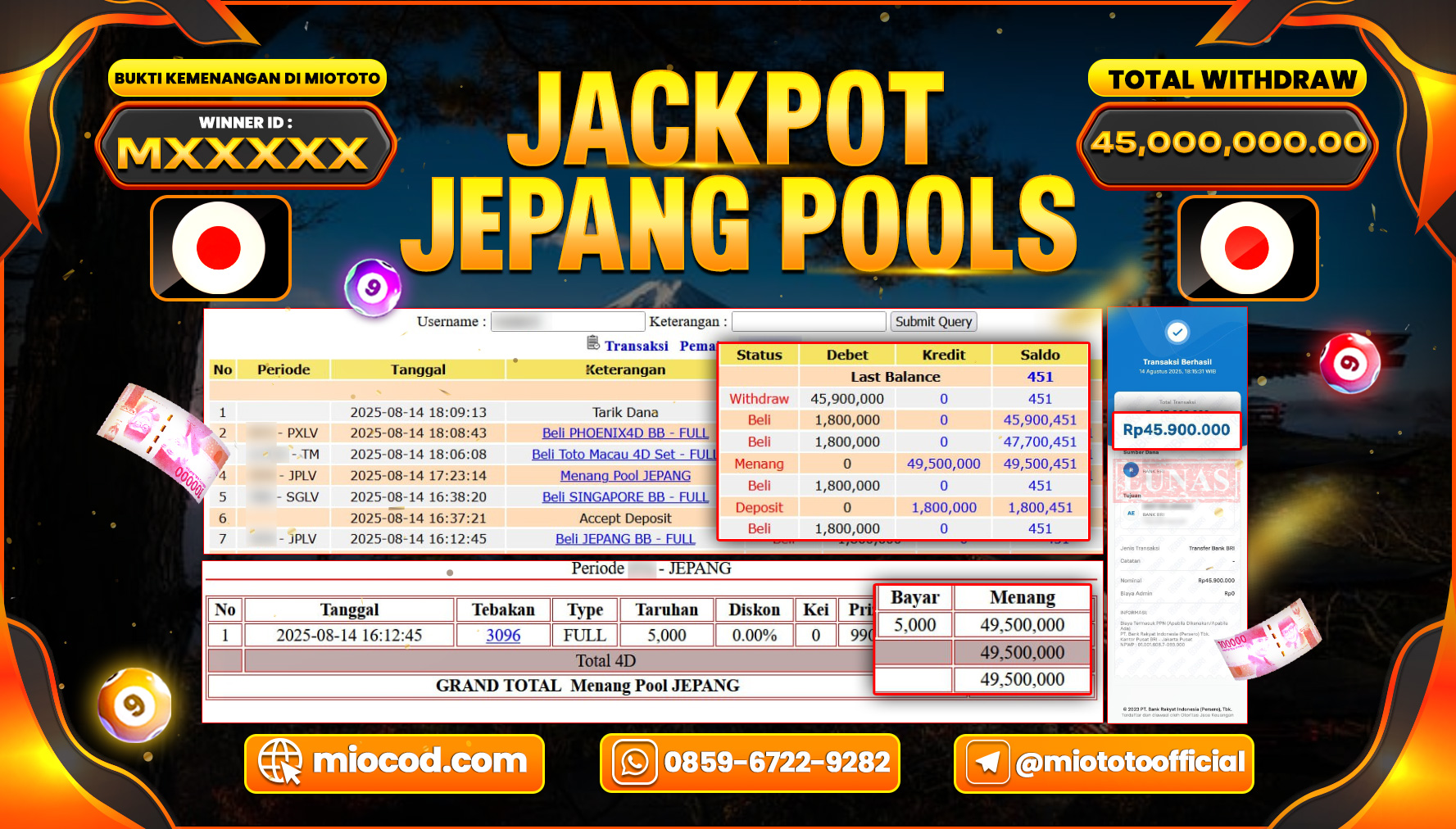 JACKPOT TOGEL JEPANG POOLS Rp.45,000,000 DI BAYAR TUNAI !!!