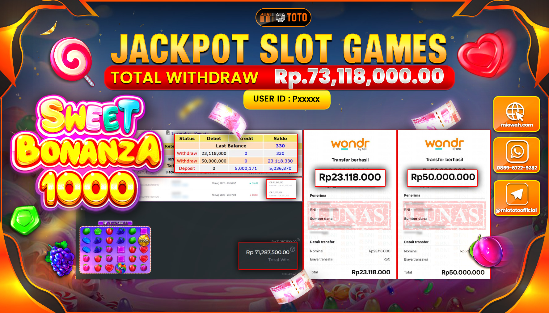 JACKPOT SLOT SWEET BONANZA 1000 Rp.73,118,000 DI BAYAR TUNAI !!!