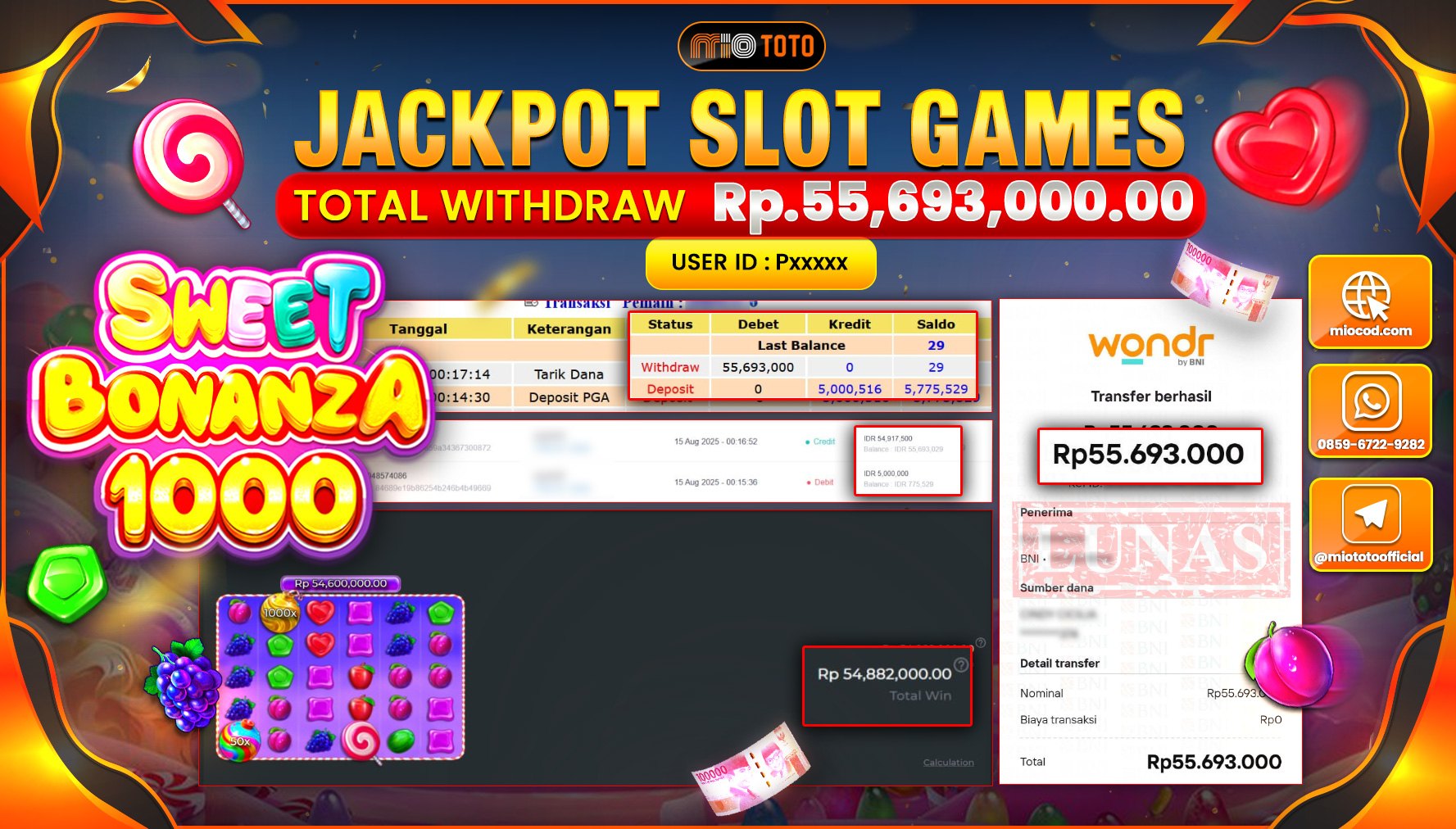 JACKPOT SLOT SWEET BONANZA 1000 Rp.55,693,000 DI BAYAR TUNAI !!!