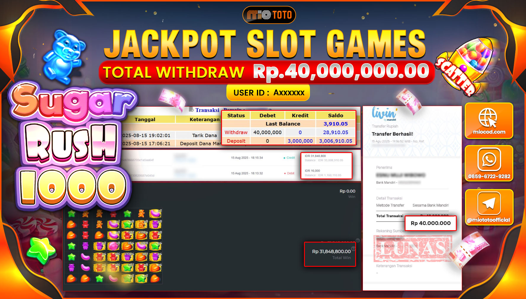 JACKPOT SLOT SUGAR RUSH 1000 Rp.40,000,000 DI BAYAR TUNAI !!!