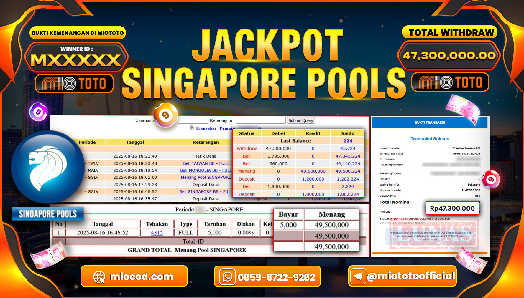 JACKPOT TOGEL SINGAPORE POOLS Rp.47,300,000 DI BAYAR TUNAI !!!