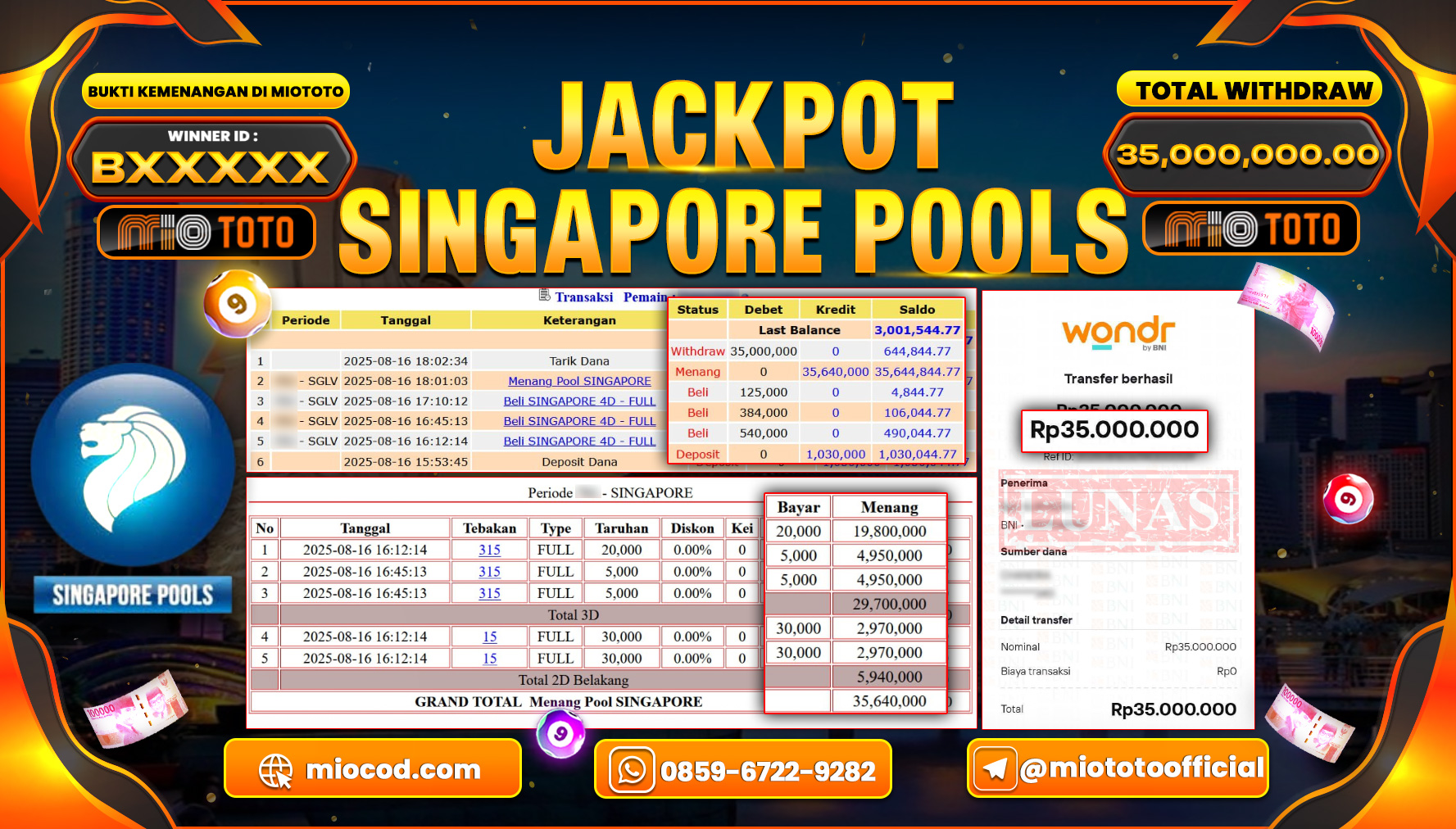 JACKPOT TOGEL SINGAPORE POOLS Rp.35,000,000 DI BAYAR TUNAI !!!