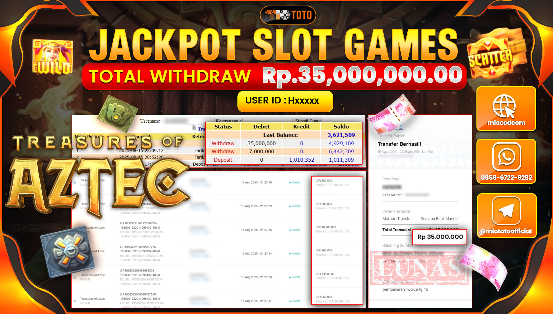 JACKPOT SLOT TREASURE OF AZTEC Rp.35,000,000 DI BAYAR TUNAI !!!