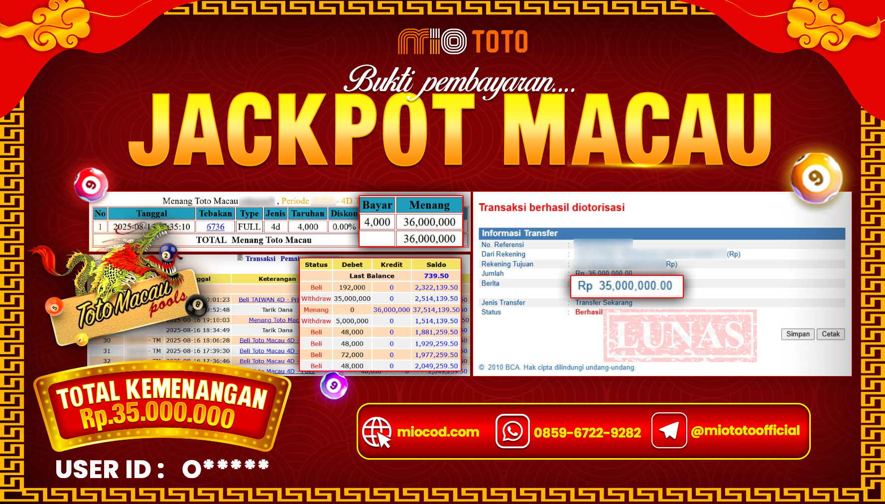 JACKPOT TOGEL TOTO MACAU 4D POOLS Rp.35,00,000 DI BAYAR TUNAI !!!