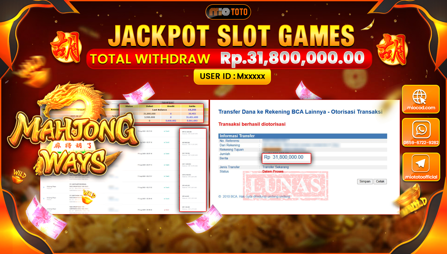 JACKPOT SLOT MAHJONG WAYS Rp.31,800,000 DI BAYAR TUNAI !!!
