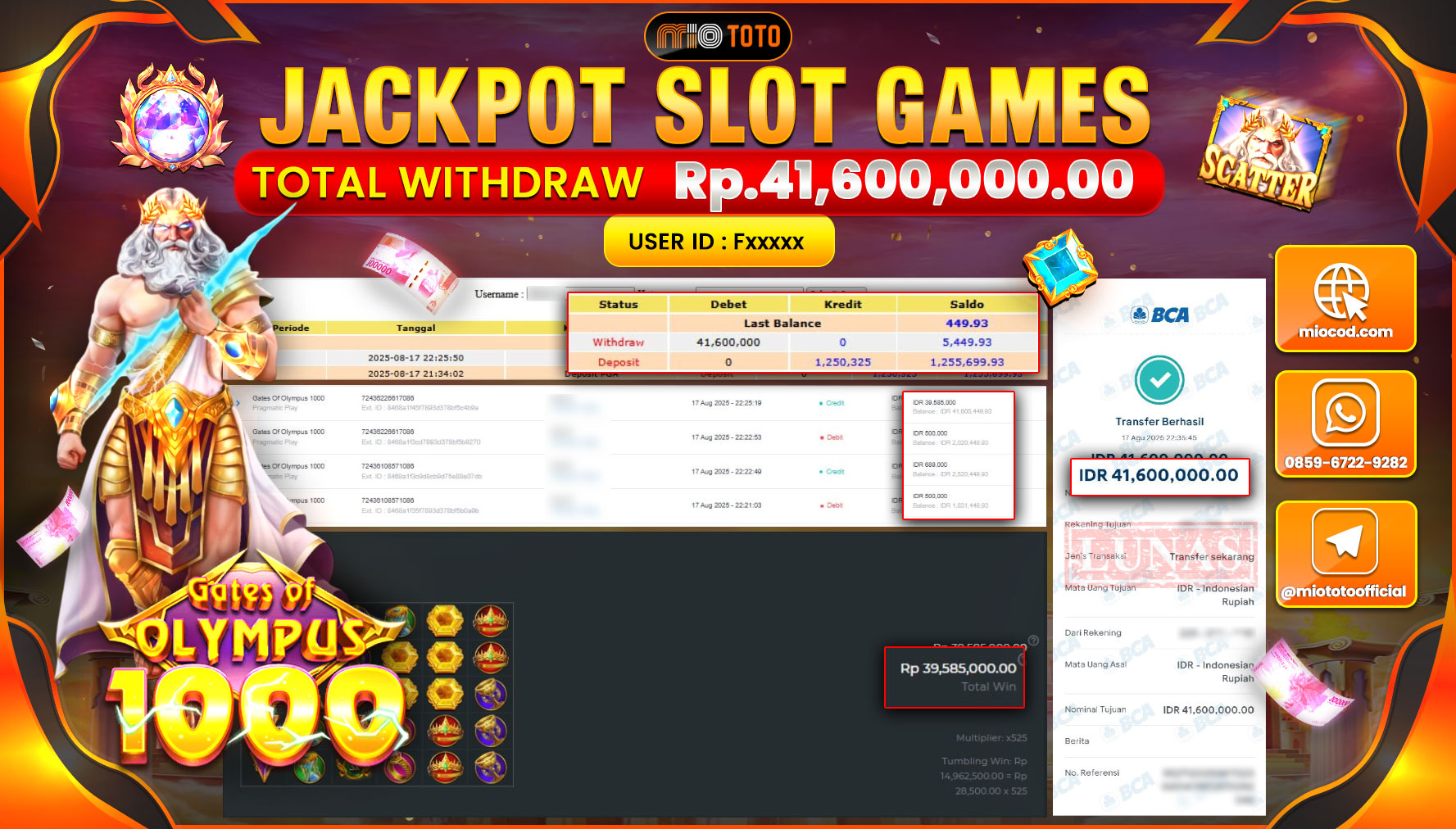 JACKPOT SLOT GATES OF OLYMPUS 1000 Rp.41,600,000 DI BAYAR TUNAI !!!