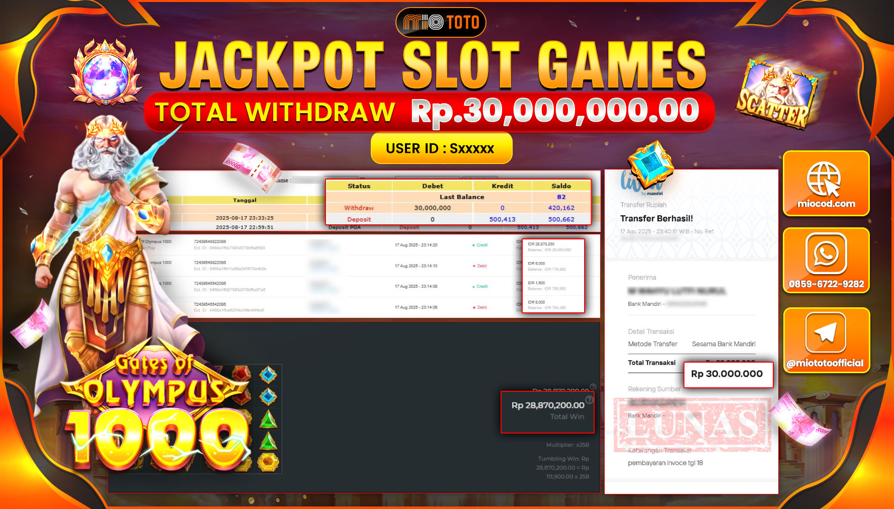 JACKPOT SLOT GATES OF OLYMPUS 1000 Rp.30,000,000 DI BAYAR TUNAI !!!