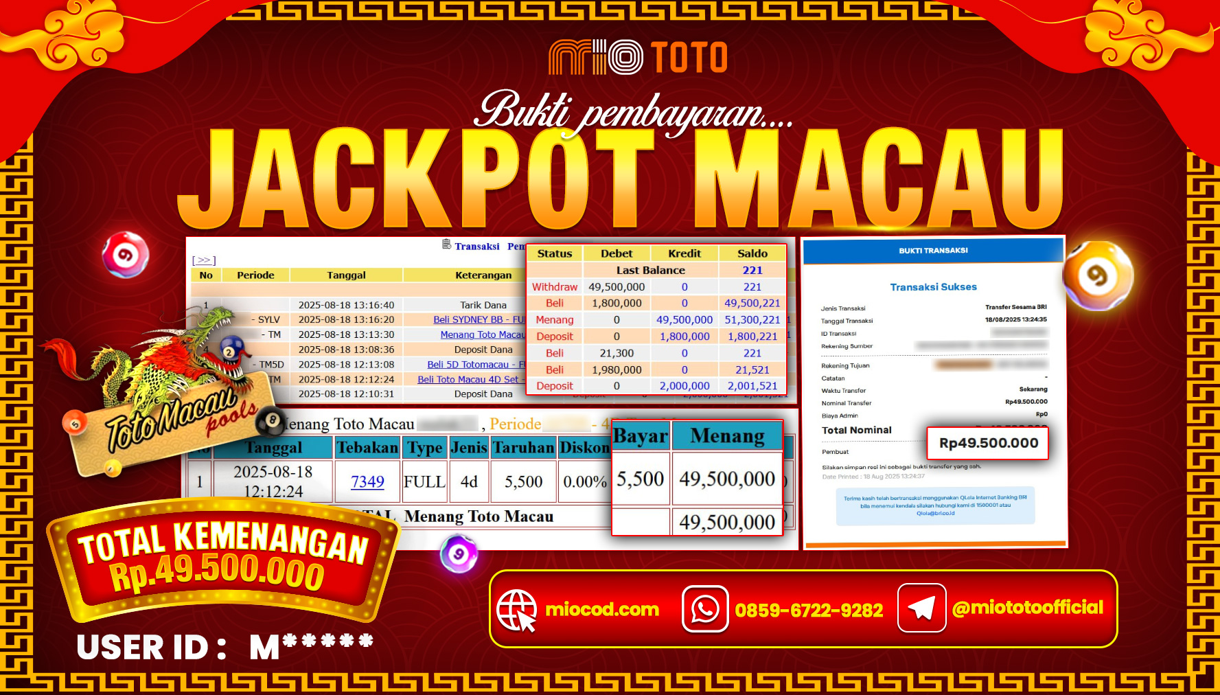 JACKPOT TOGEL TOTO MACAU 4D POOLS Rp.49,500,000 DI BAYAR TUNAI !!!