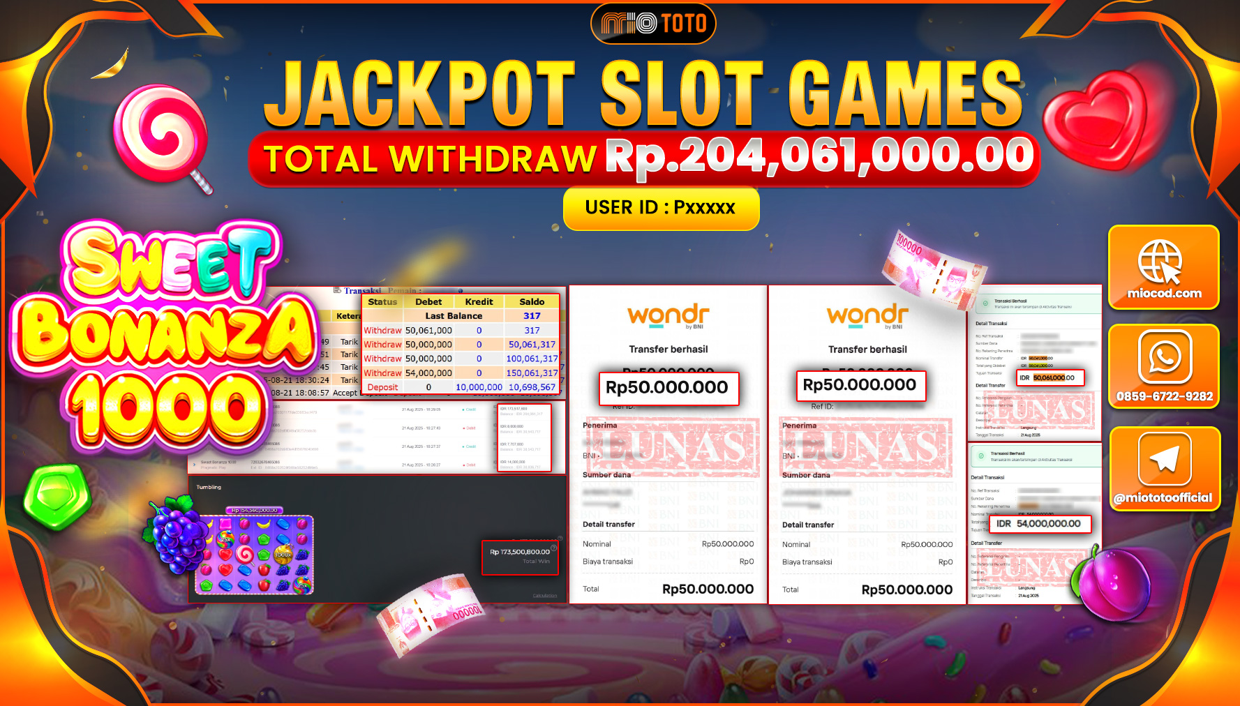 JACKPOT SLOT SWEET BONANZA 1000 Rp.204,061,000 DI BAYAR TUNAI !!!