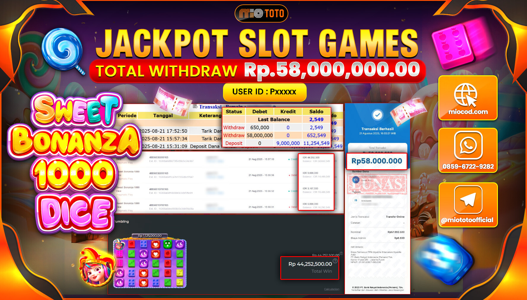 JACKPOT SLOT SWEET BONANZA 1000 DICE  Rp.58,000,000 DI BAYAR TUNAI !!!