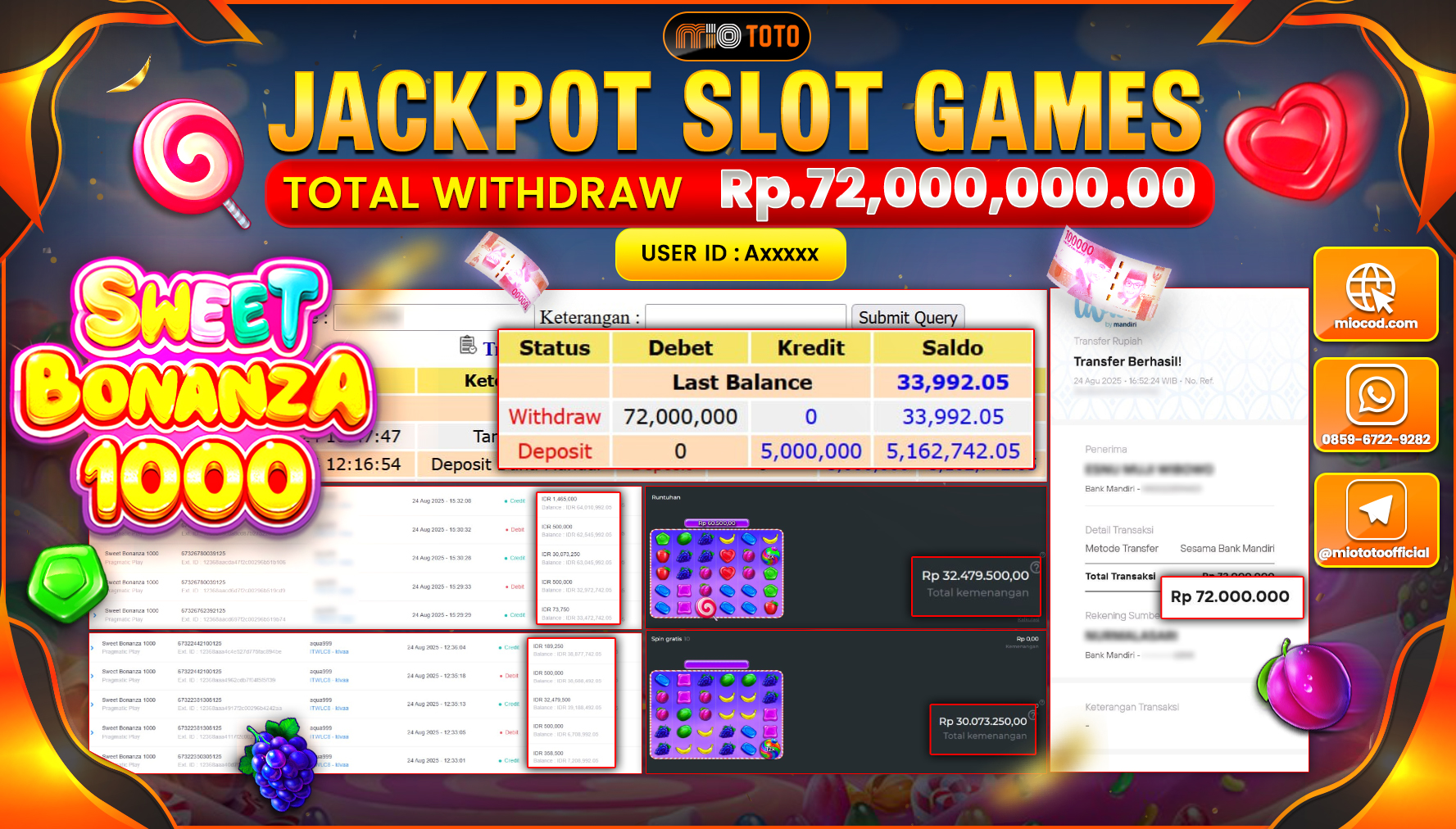 JACKPOT SLOT SWEET BONANZA 1000 Rp72,000,000 DI BAYAR TUNAI !!!