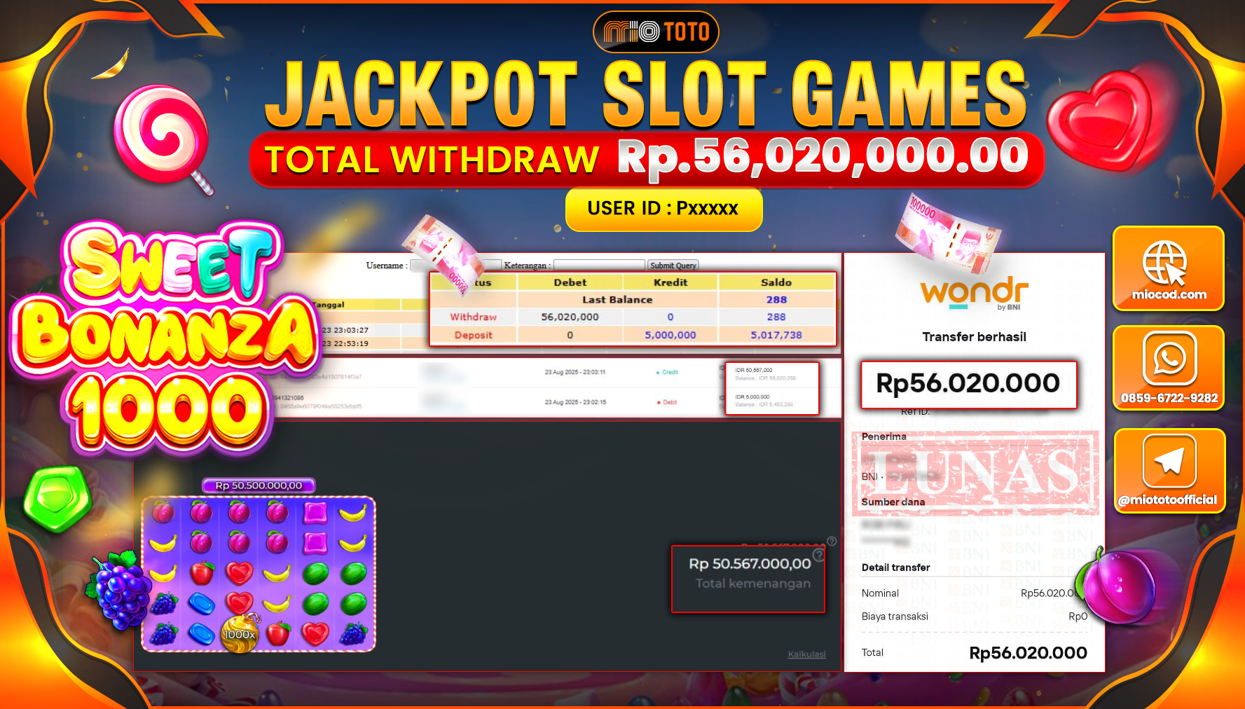 JACKPOT SLOT SWEET BONANZA 1000 Rp56,020,000 DI BAYAR TUNAI !!!