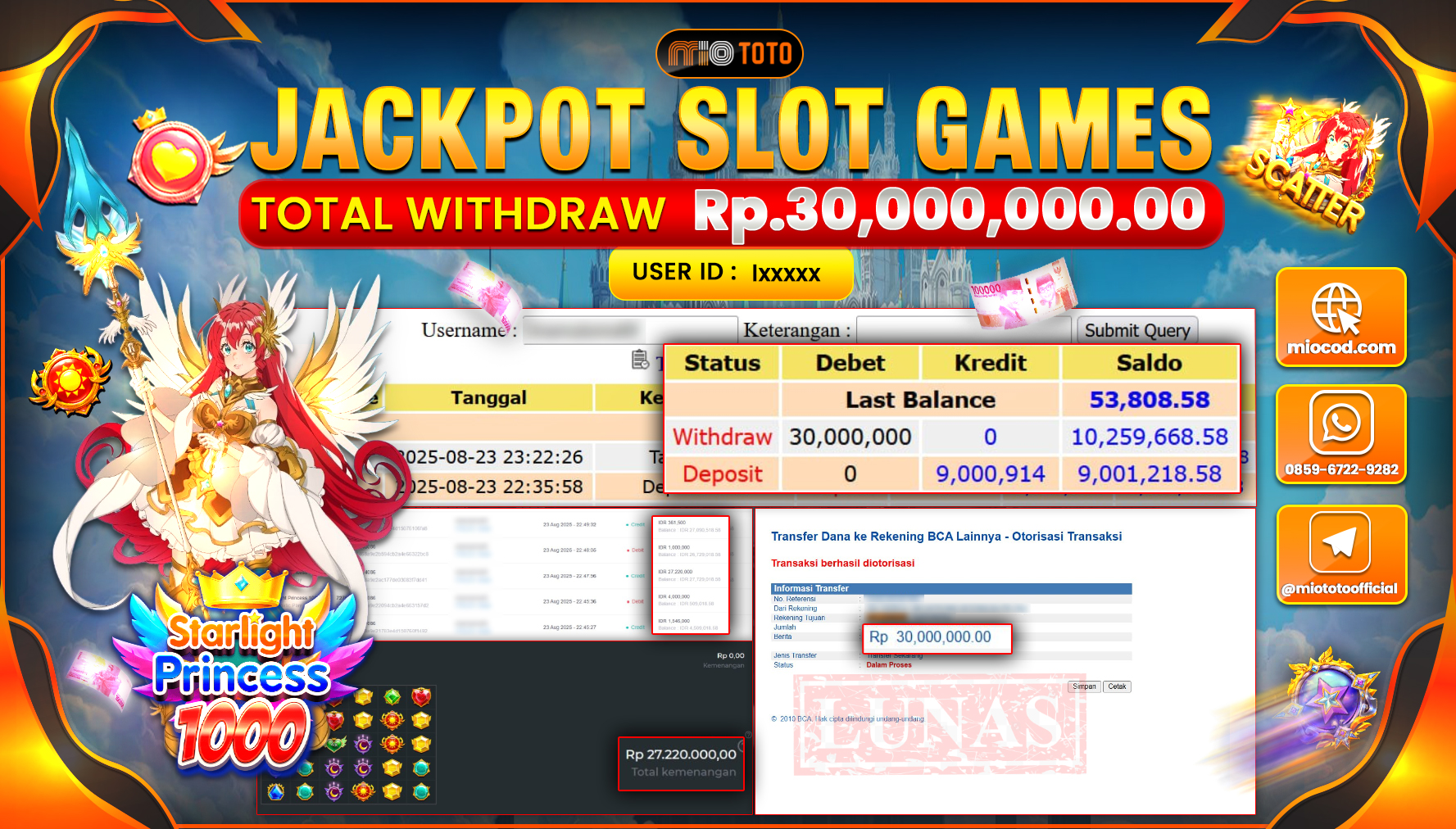 JACKPOT SLOT STARLIGHT PRINCESS 1000 Rp30,000,000 DI BAYAR TUNAI !!!