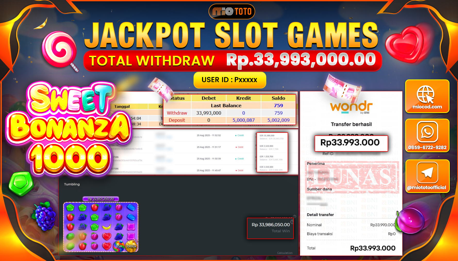 JACKPOT SLOT SWEET BONANZA 1000 Rp33,993,000 DI BAYAR TUNAI !!!