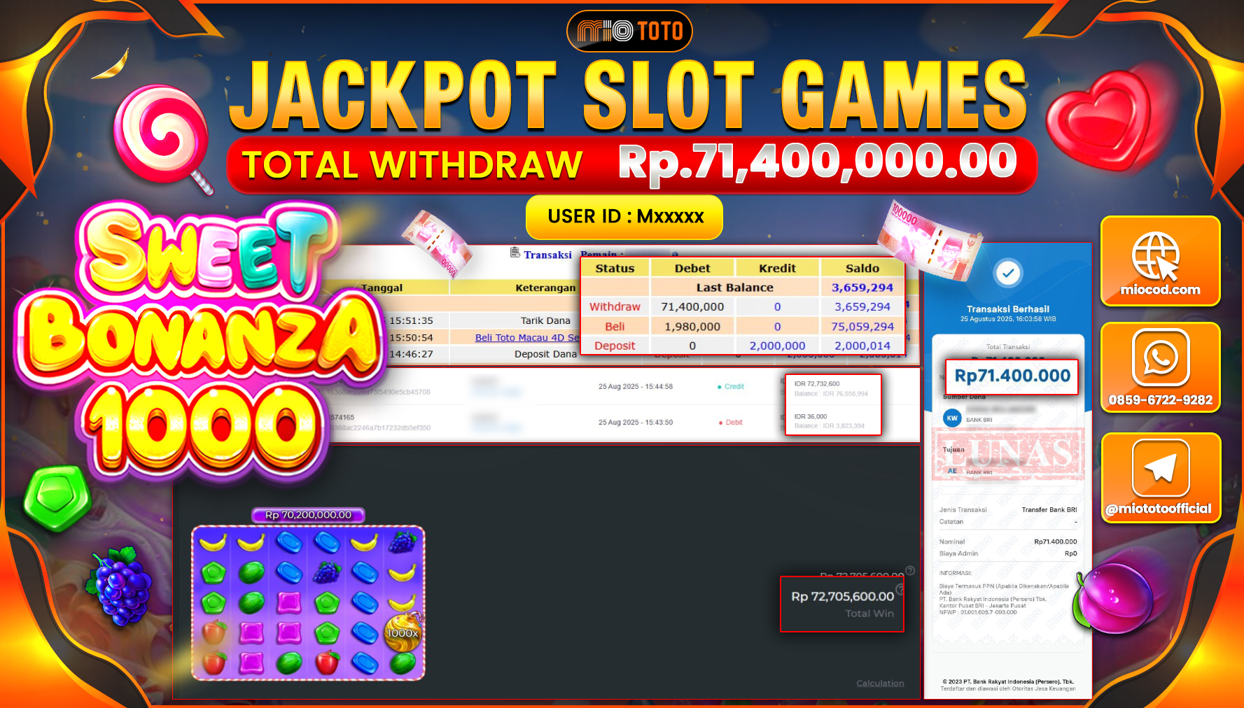 JACKPOT SLOT SWEET BONANZA 1000 Rp71,400,000 DI BAYAR TUNAI !!!