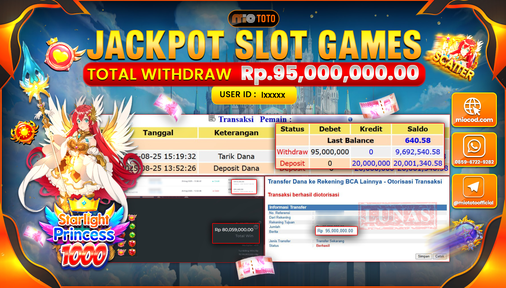 JACKPOT SLOT STARLIGHT PRINCESS 1000 Rp95,000,000 DI BAYAR TUNAI !!!