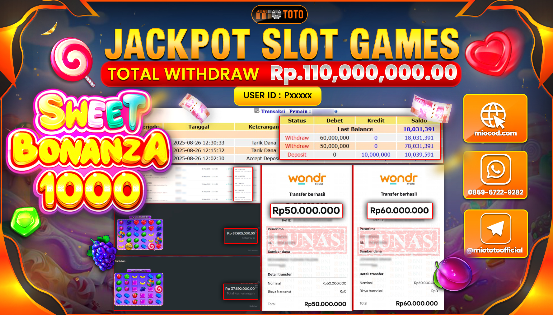JACKPOT SLOT SWEET BONANZA 1000 Rp110,000,000 DI BAYAR TUNAI !!!