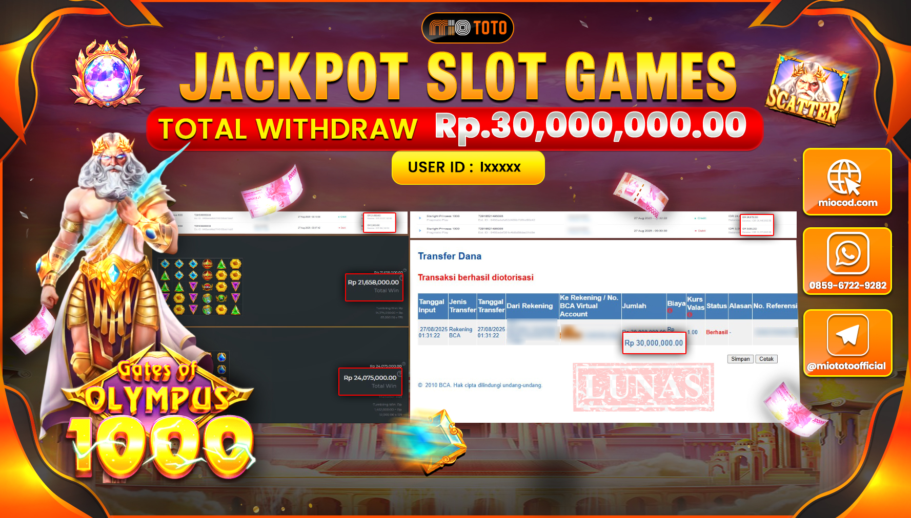 JACKPOT SLOT GATES OF OLYMPUS 1000 Rp.30,000,000 DI BAYAR TUNAI !!!