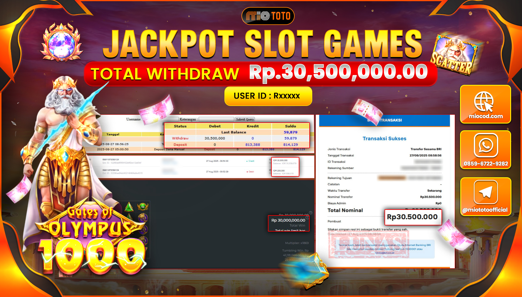 JACKPOT SLOT GATES OF OLYMPUS 1000 Rp.30,500,000 DI BAYAR TUNAI !!!