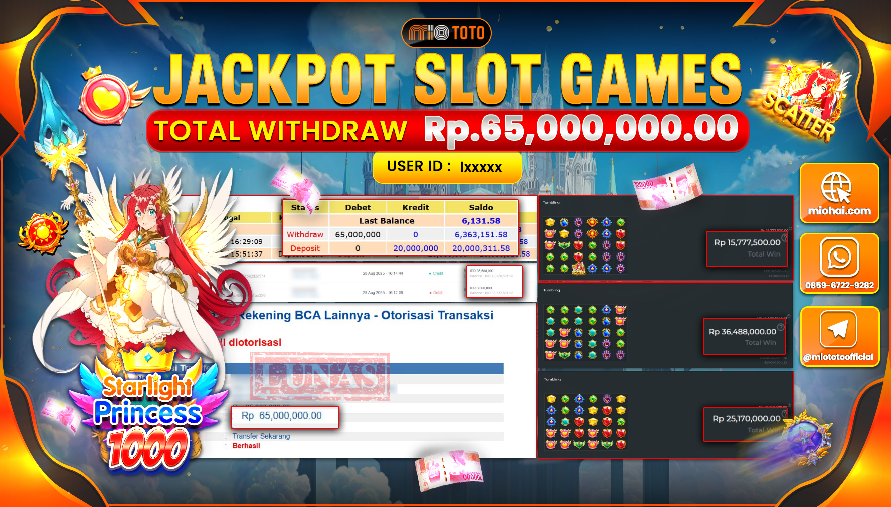 JACKPOT SLOT STARLIGHT PRINCESS 1000 Rp65,000,000 DI BAYAR TUNAI !!!