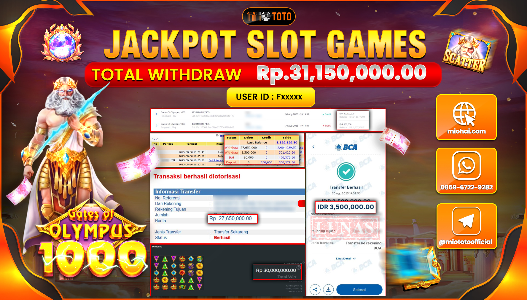 JACKPOT SLOT GATES OF OLYMPUS 1000 Rp.31,150,000 DI BAYAR TUNAI !!!