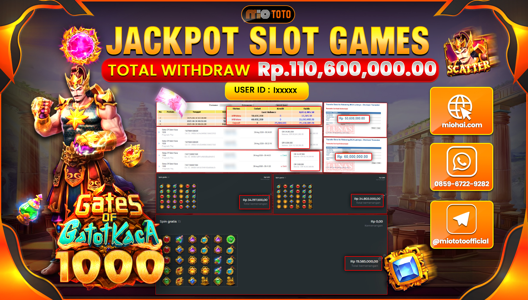 JACKPOT SLOT GATOT KACA 1000 Rp.110,600,000 DI BAYAR TUNAI !!!