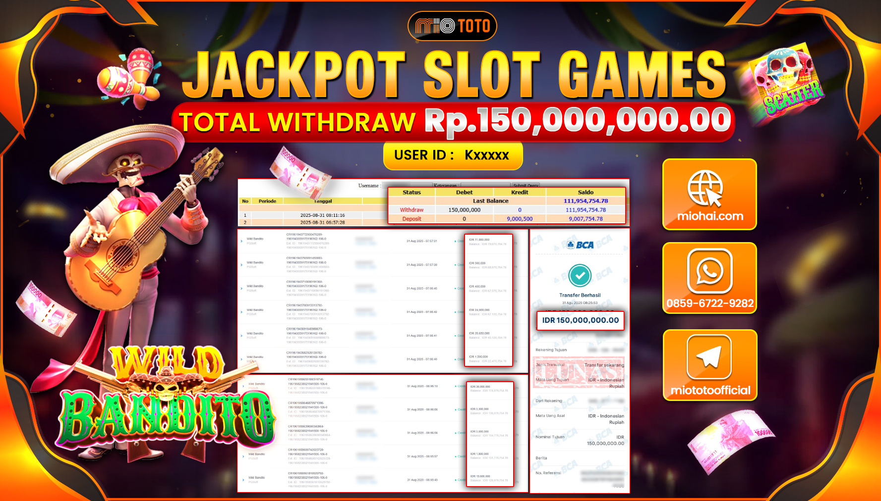 JACKPOT SLOT WILD BANDITO Rp150,000,000 DI BAYAR TUNAI !!!