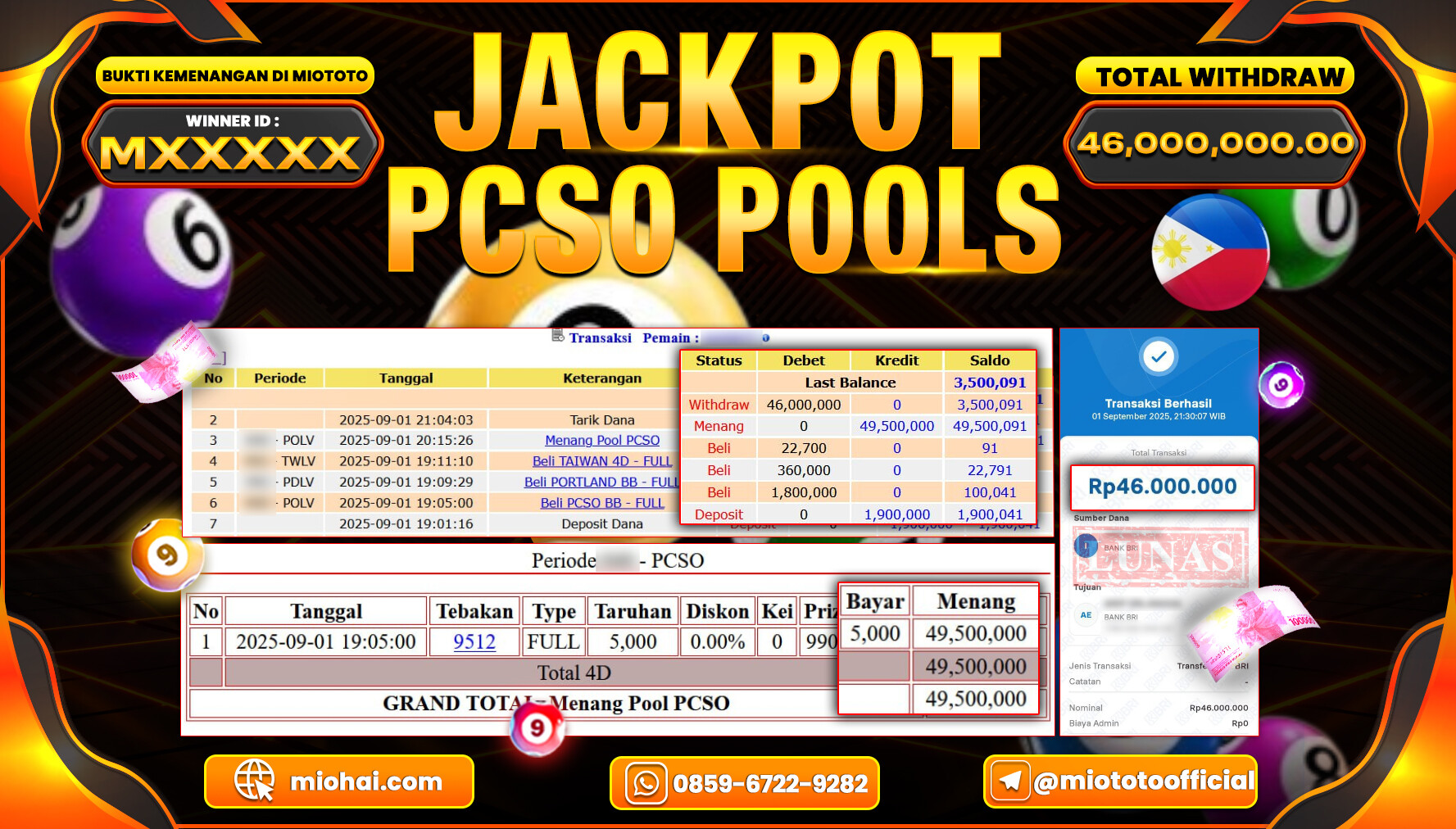 JACKPOT TOGEL PCSO POOLS Rp.46,000,000 DI BAYAR TUNAI !!!