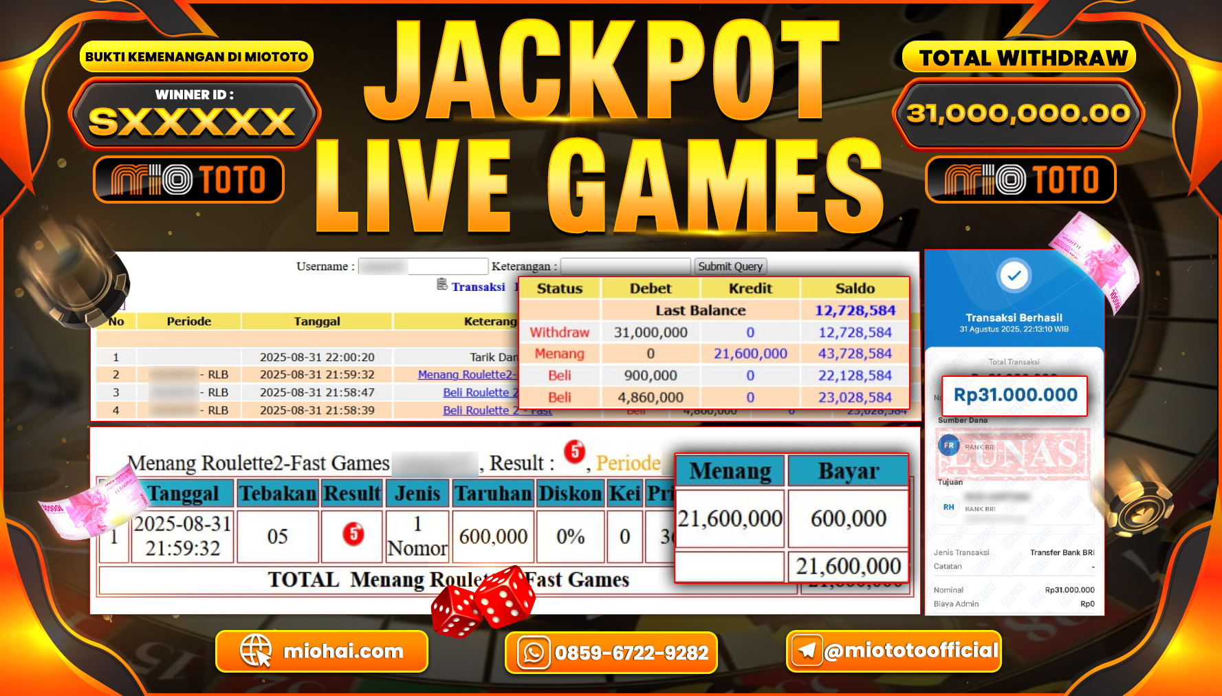 JACKPOT LIVE GAME ROULETTE 2  FAST Rp.31,000,000 DI BAYAR TUNAI !!!