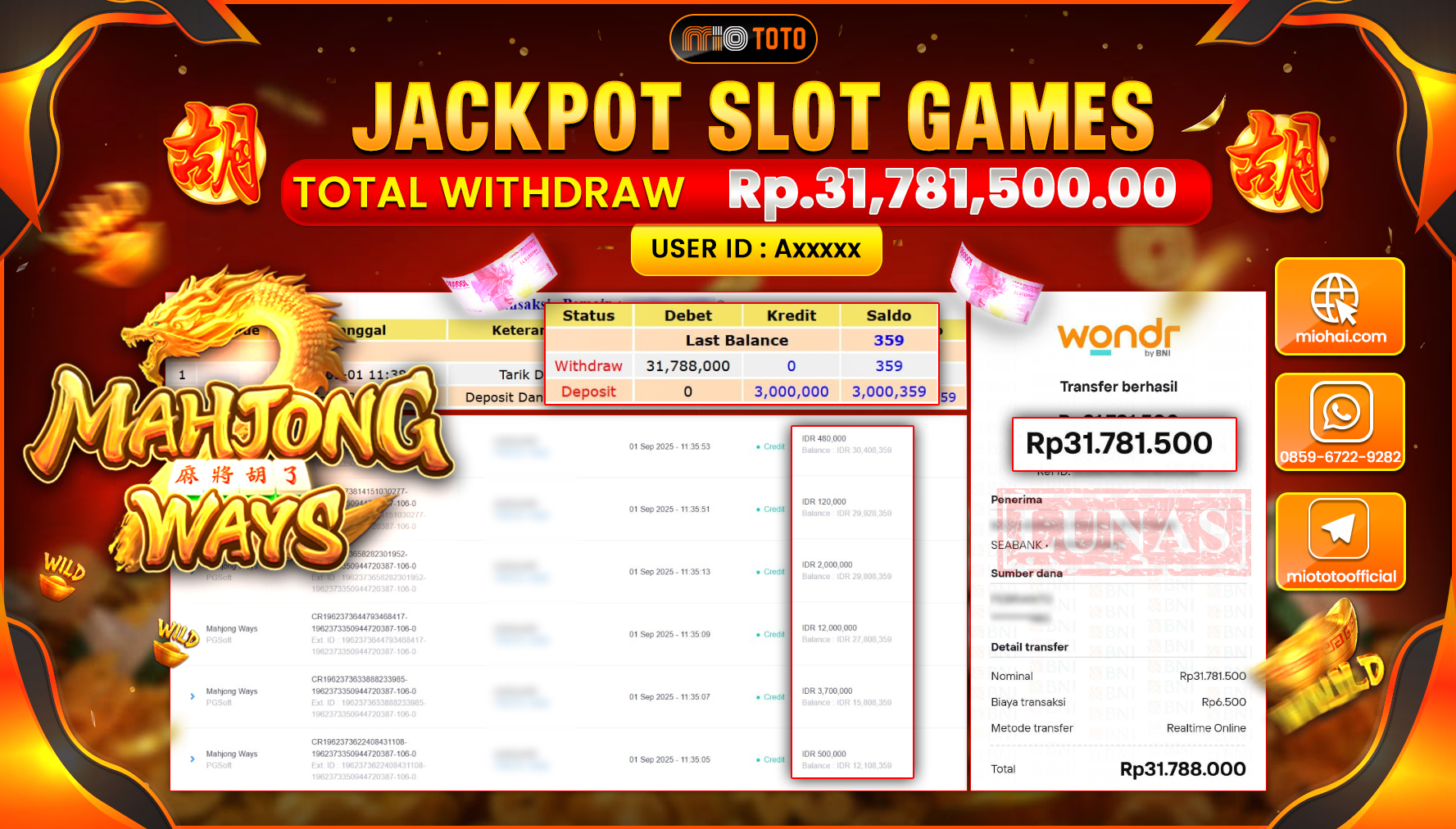 JACKPOT SLOT MAHJONG WAYS Rp.31,781,500 DI BAYAR TUNAI !!!